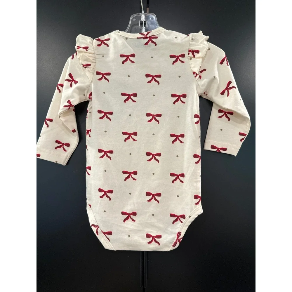 Coccoli Baby Girl Red Bow Ruffle Long Sleeve Bodysuit Cream 9M NWT